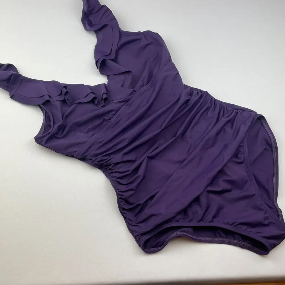 ~ Lauren Ralph Lauren 6 Swimsuit Underwire Tummy Control Ruffle 1-pc LRL Purple